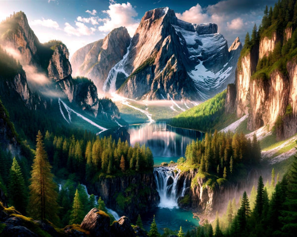 Snow-Capped Mountains and Lush Forest Landscape
