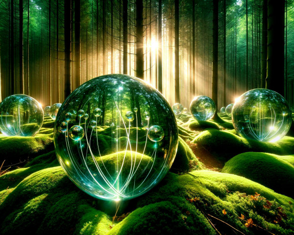 Mystical forest with glowing orbs and vibrant moss