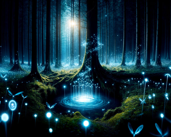 Mystical Forest with Ethereal Blue Light and Pond