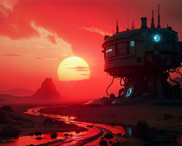 Futuristic habitat against vibrant red sunset backdrop