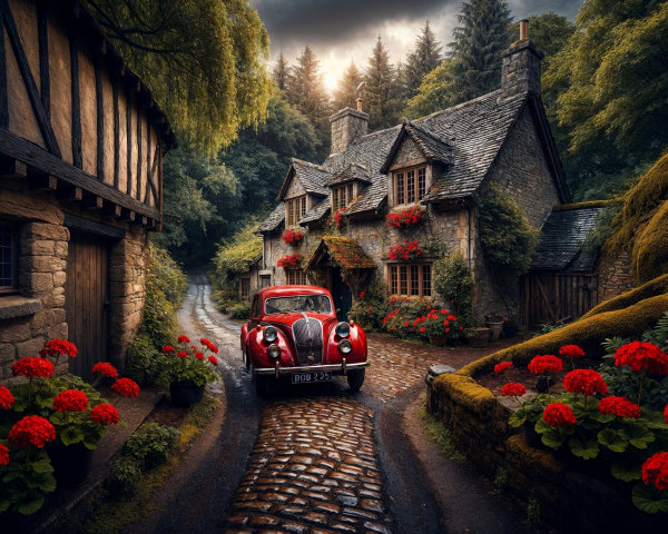 Vintage Red Car by Quaint Stone Cottage on Cobblestones