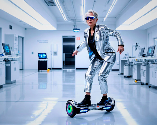 Older Woman on Futuristic Hoverboard in Modern Lab