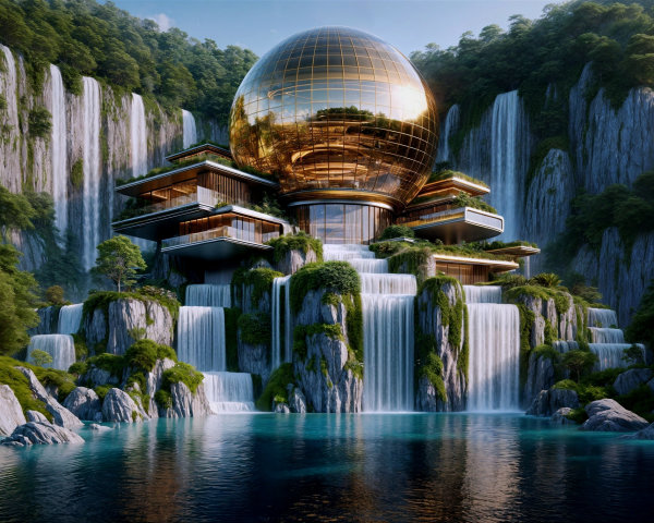 Futuristic structure with golden sphere in lush landscape
