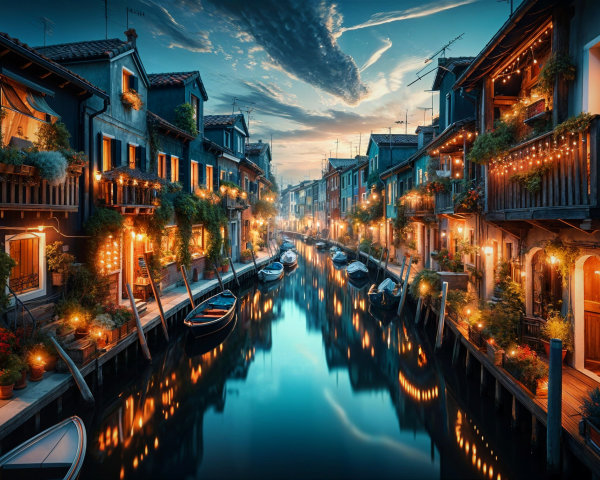 Enchanting Canal Scene with Charming Houses and Lights
