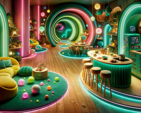 Futuristic interior with neon lights and cozy furniture