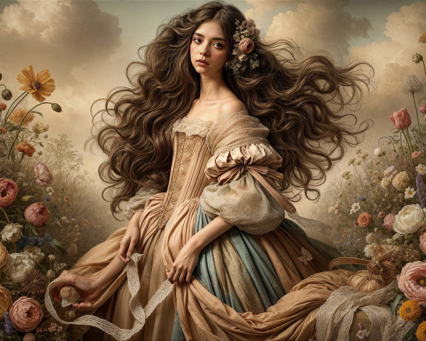 Young woman in floral landscape with dreamy sky