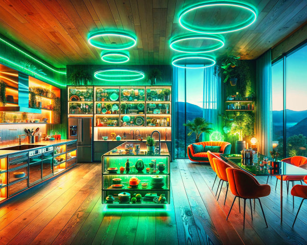 Modern Kitchen with Neon Lighting and Mountain View