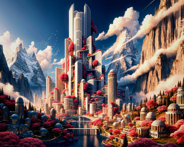 Futuristic cityscape with mountains and vibrant foliage