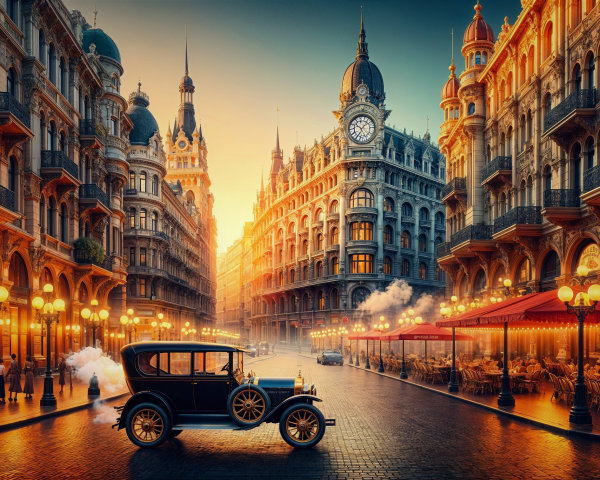 Vintage Car on Cobblestone Street with Ornate Buildings