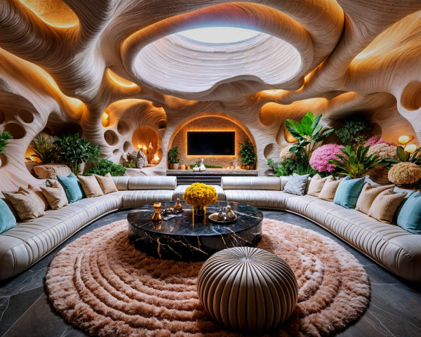 Organic Room Design with Curved Walls and Skylight