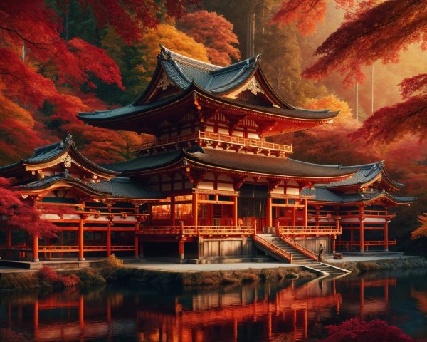 Traditional Japanese Temple Amid Autumn Foliage