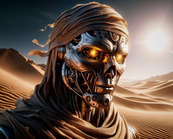 Futuristic Robot in Desert Landscape with Sand Dunes