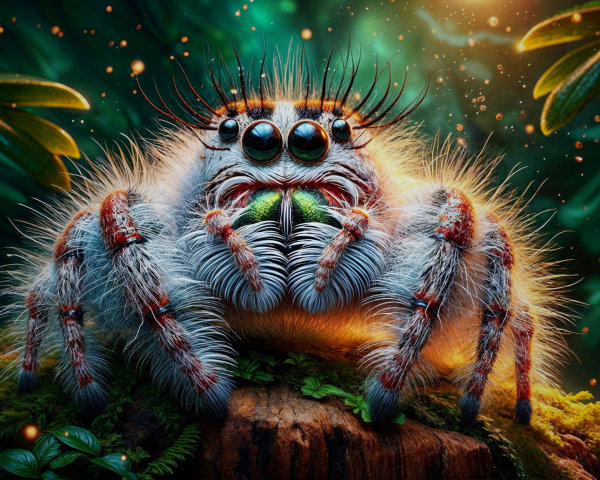 Close-up of a colorful spider on a mossy log
