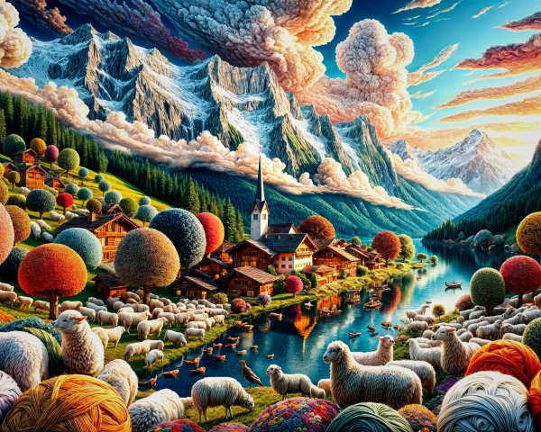 Idyllic village by tranquil lake with snow-capped mountains