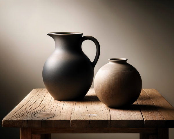 Clay Pots on Wooden Table with Soft Lighting