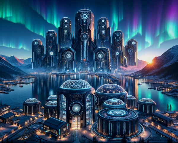 Futuristic cityscape by serene lake and mountains