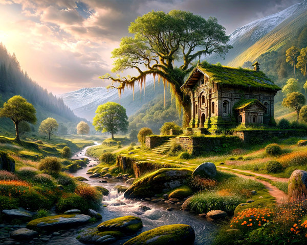 Serene Landscape with Wooden House and Stream