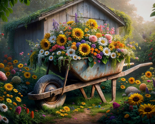 Weathered Wheelbarrow Filled with Vibrant Flowers