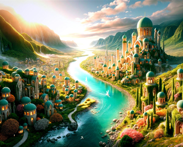 Vibrant Fantasy Landscape with Mystical City and River