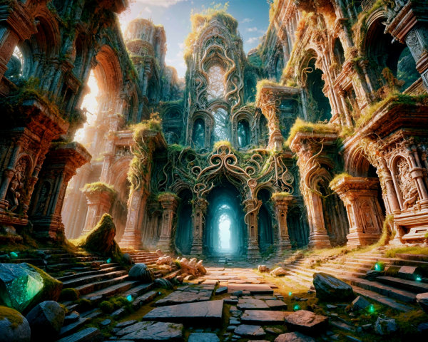 Ancient temple ruins with intricate carvings and vines