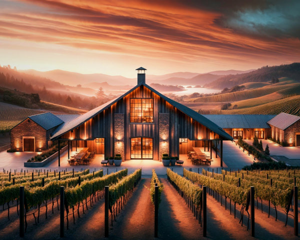 Winery with Vineyards and Sunset Sky Landscape