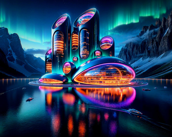 Futuristic cityscape under aurora-lit sky and lake