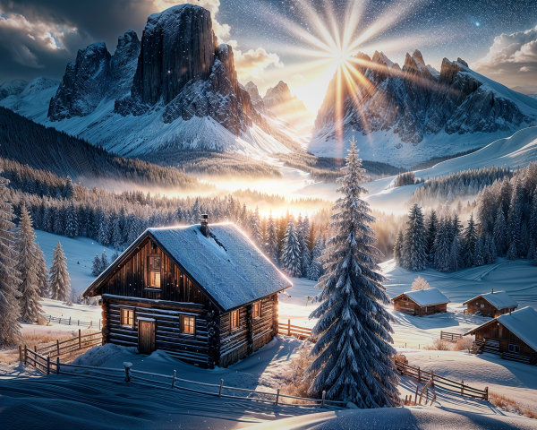 Cozy Log Cabin in a Snowy Winter Landscape