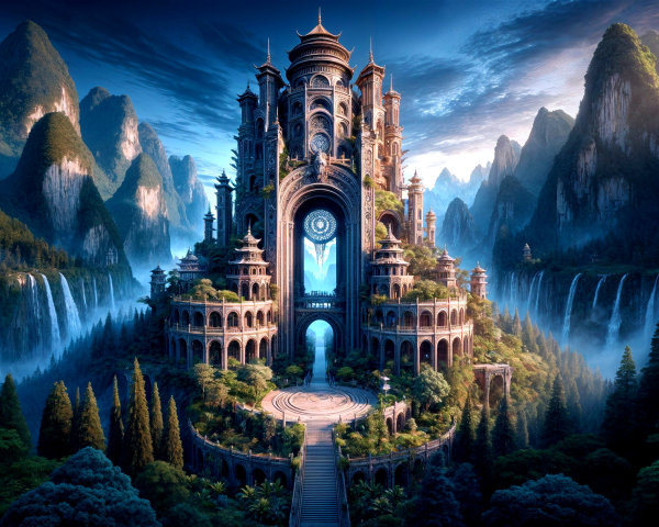 Whimsical palace in a fantasy mountain landscape
