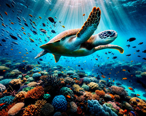 Graceful Sea Turtle in Vibrant Underwater Scene
