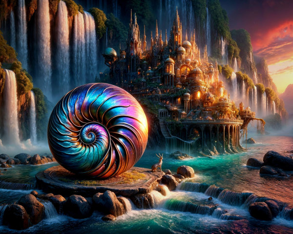 Nautilus Shell on Rocky Pedestal with Waterfall and City