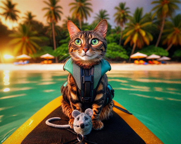 Bengal Cat on Paddleboard at Sunset Beach Scene