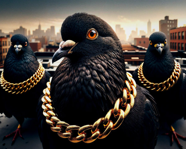 Pigeons in Gold Chains Against City Skyline Backdrop