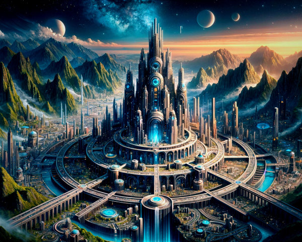 Futuristic cityscape with mountains and vibrant nature