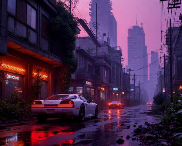 Neon Urban Street Scene with Vintage Sports Car