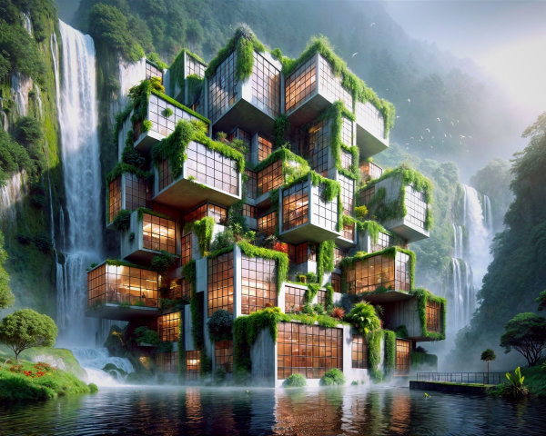 Futuristic Building Surrounded by Nature and Waterfalls