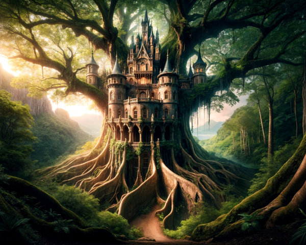 Castle on Ancient Tree Surrounded by Enchanted Forest