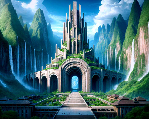 Futuristic citadel surrounded by lush mountains and waterfalls