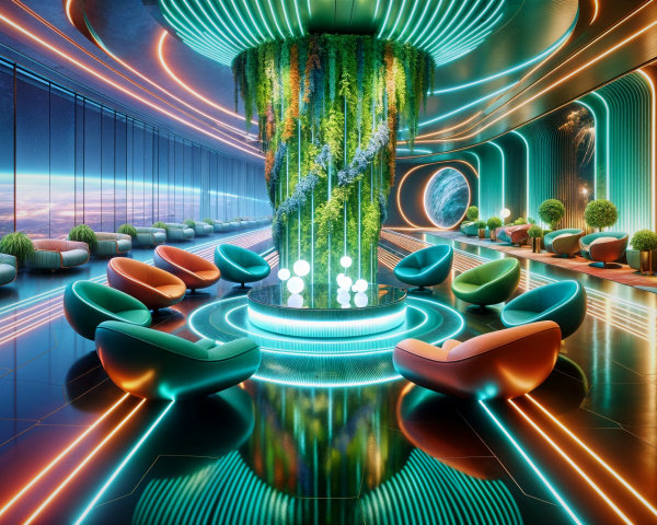 Futuristic lounge with neon lights and vertical garden