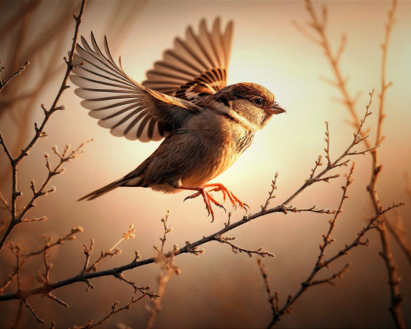 Small brown bird in flight on a sunlit branch