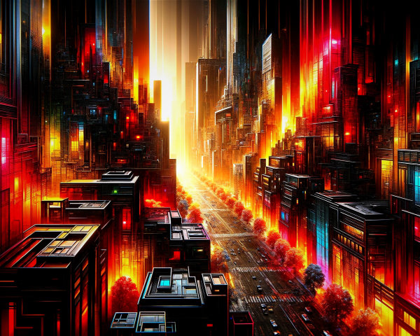 Futuristic Cityscape with Vibrant Colors and Geometry
