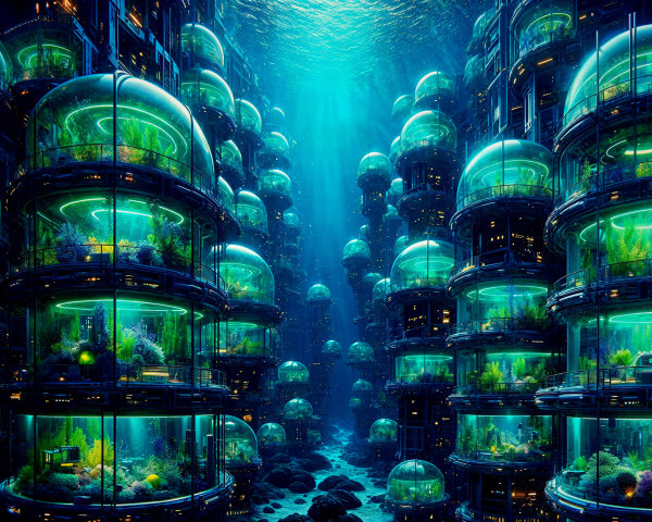 Futuristic Underwater City with Glass Pods and Bioluminescence