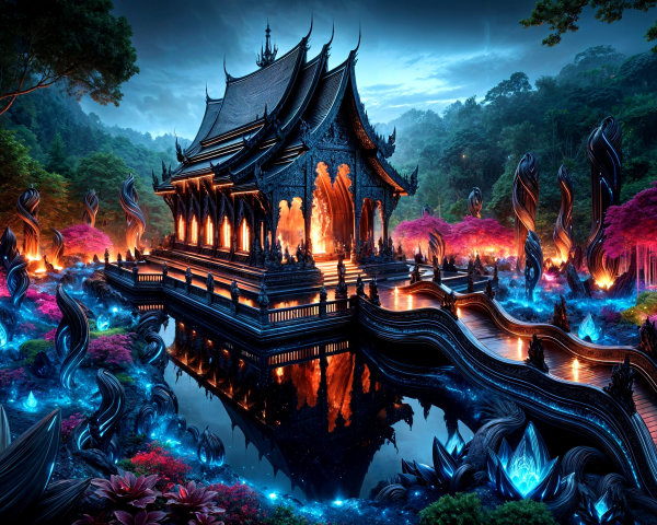 Mystical temple surrounded by vibrant landscape and crystals