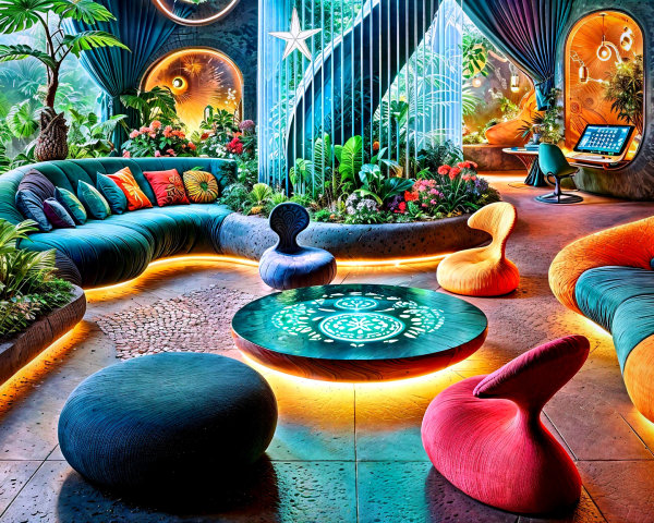 Vibrant Lounge with Exotic Plants and Colorful Furniture