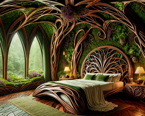 Nature-Inspired Bedroom with Wooden Designs and Greenery