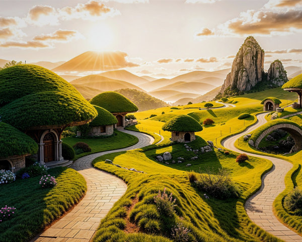 Whimsical Landscape with Unique Cottages and Gardens