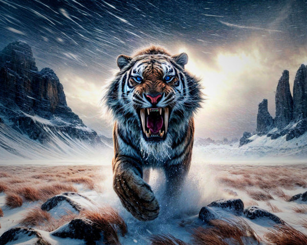 Tiger in Snowy Landscape with Mountains and Dramatic Sky