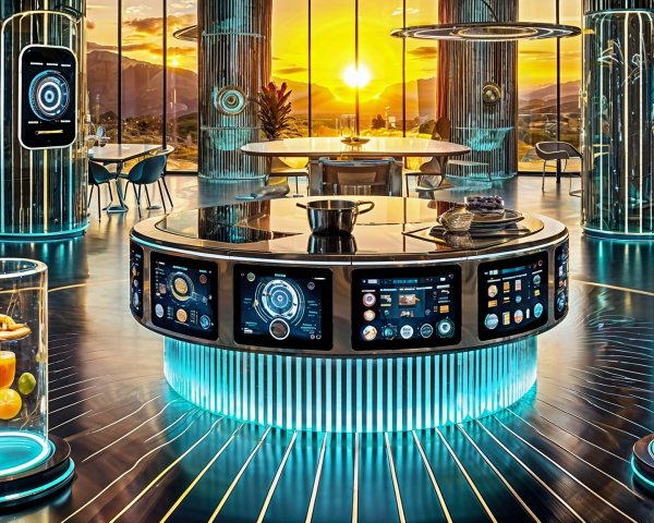 Futuristic kitchen with high-tech appliances and sunset view