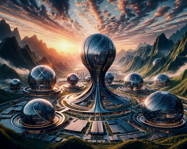 Futuristic landscape with towering structure and sunset