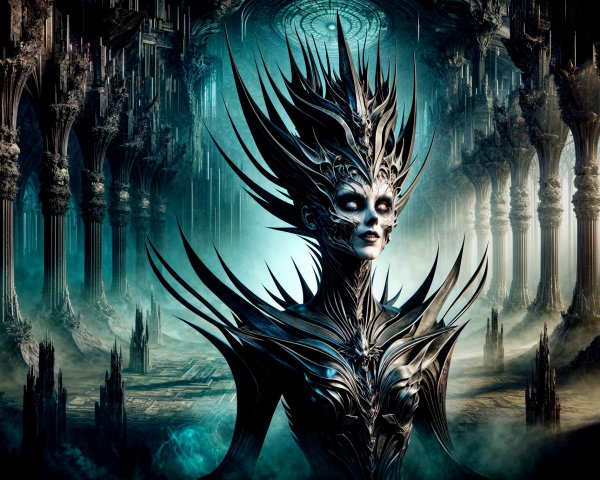 Skeletal Figure in Dark Gothic Hall with Eerie Lighting