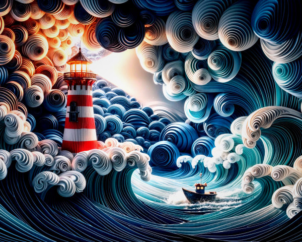 Vibrant Seascape with Lighthouse and Tumultuous Waves